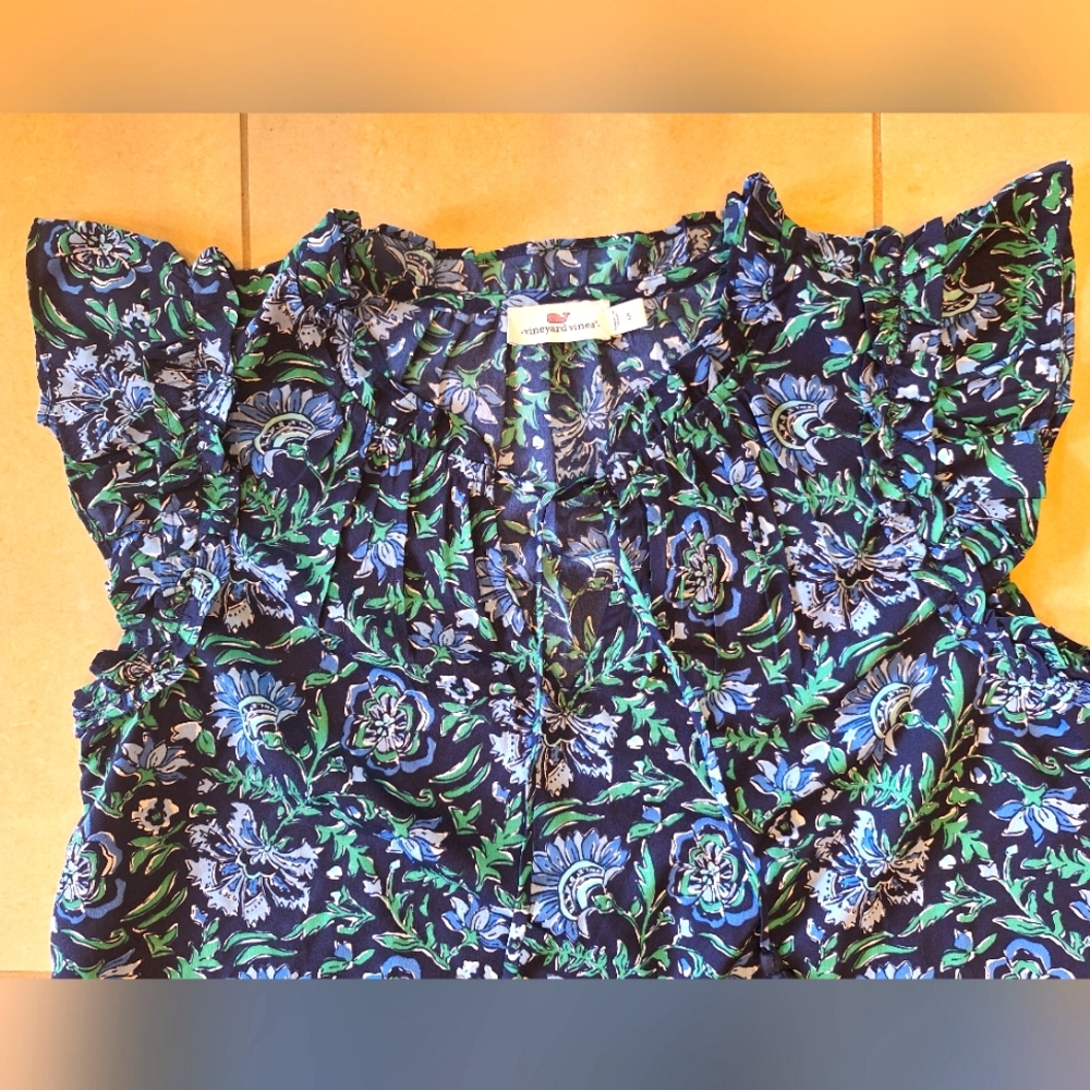 Vineyard Vines Floral Ruffle Sleeve Top - Black, Blue, Green - Picture 4 of 10